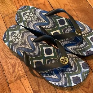 Tory Burch wedge flip flops in Navy multi.